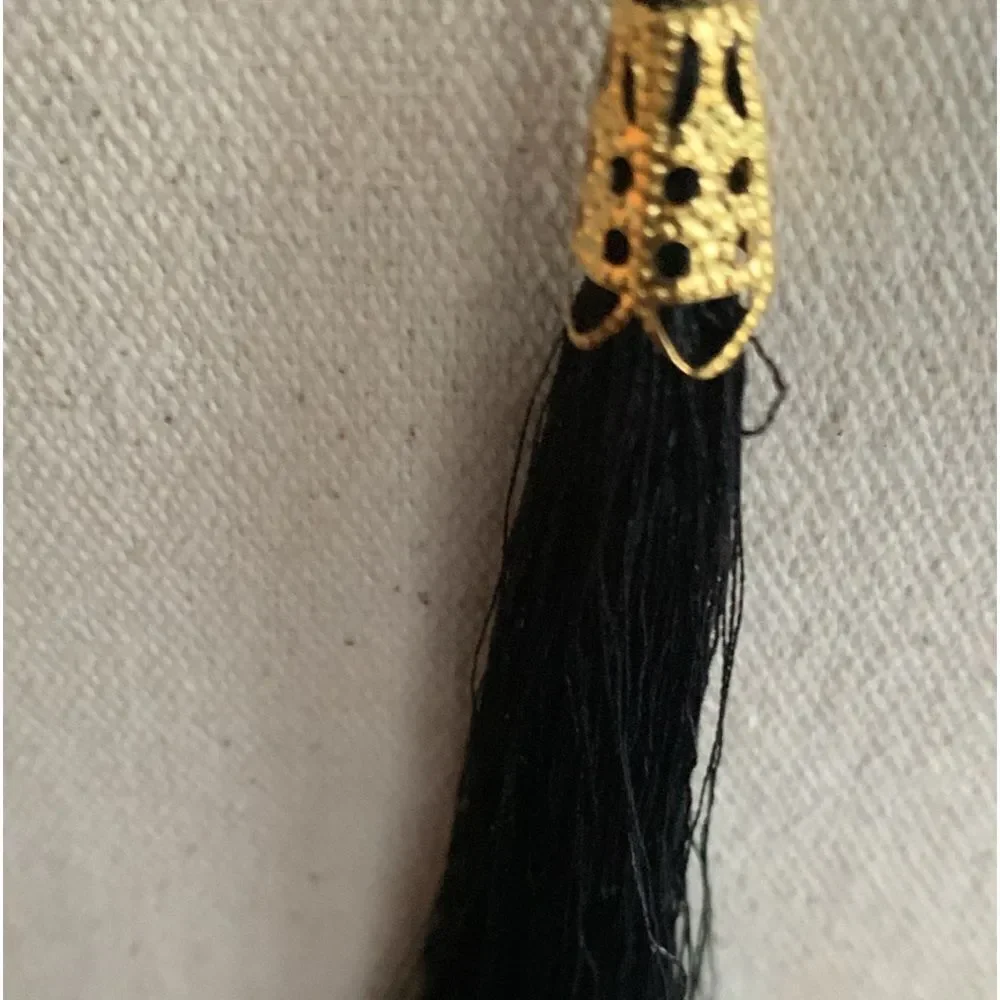 Black Bead Gold Tone Tassel Necklace Long Art Deco Flapper Style